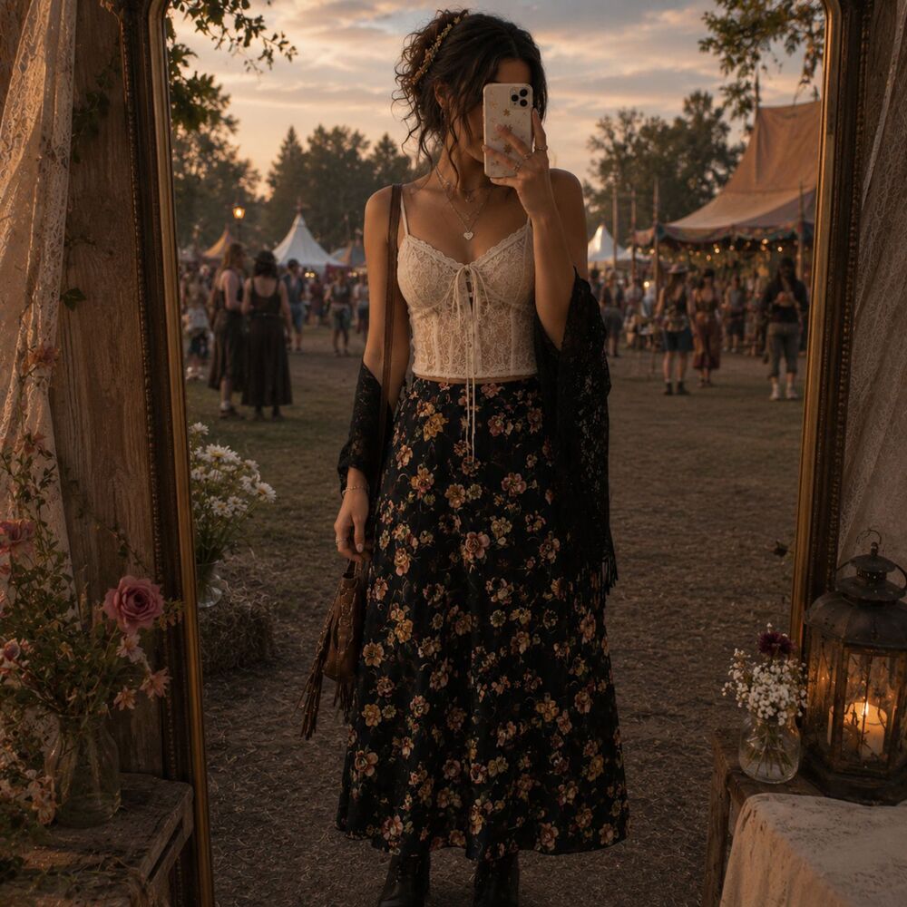 Vintage Whimsigoth Cottage Renaissance Fairy Feminine Silky Floral Maxi Skirt